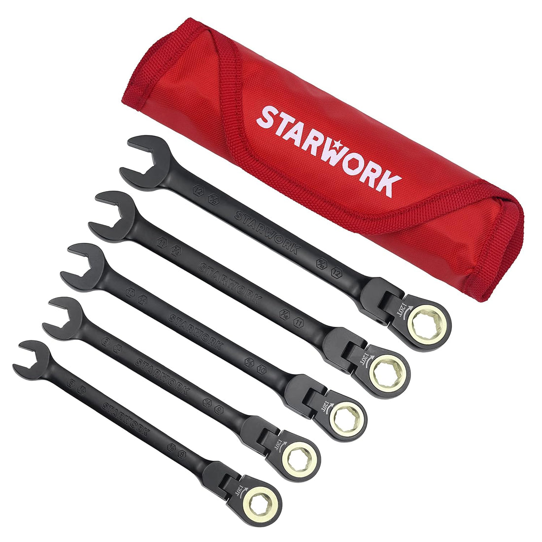 STARWORK TRUE MECHANIC™ 5Pc. 120T SAE&Metric Flexible Ratcheting Wrench Set, Professional, With Roll-Up Pouch Bag