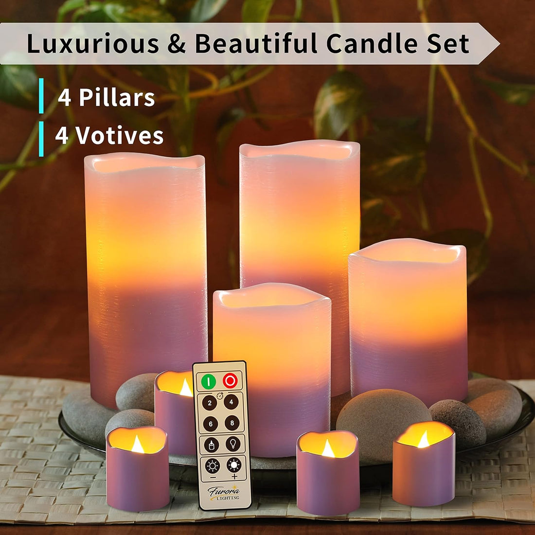 FURORA LIGHTING Lavender Purple Flameless LED Candles with Remote, Set of 8, Pillar Candles & Votive Candles Battery Operated, Gift Set for Home Decor, Decorative Candles, Candles with Timer