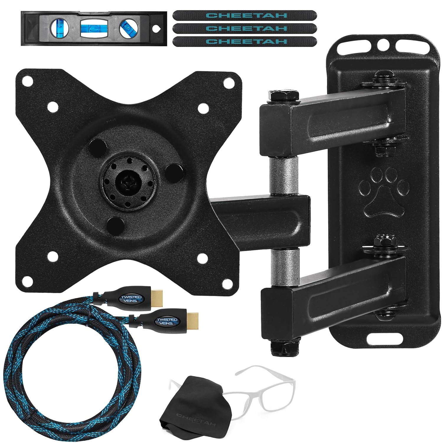 Cheetah Mounts ALAMB Articulating Arm (15” Extension) TV Wall Mount Bracket for 12-24” TVs and Displays up to VESA 100 and up to 40lbs, Including a 10’ Twisted Veins HDMI Cable and 6" 3-axis Magnetic Bubble Level