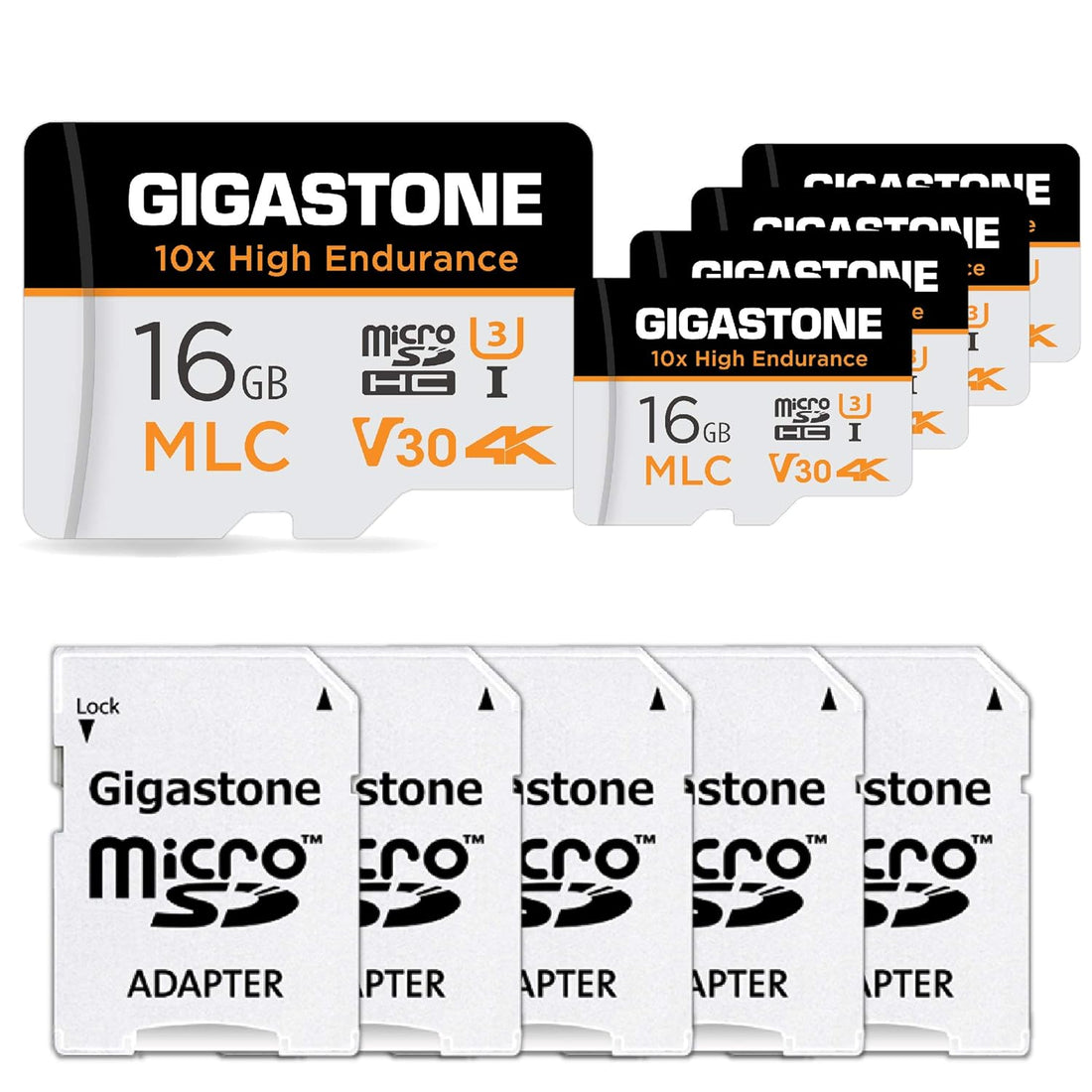 [10x High Endurance] Gigastone Industrial 16GB MLC Micro SD Card 5 Pack, 4K Video Recording, Security Cam, Dash Cam, Surveillance Compatible 95MB/s, U3 C10, with Adapter