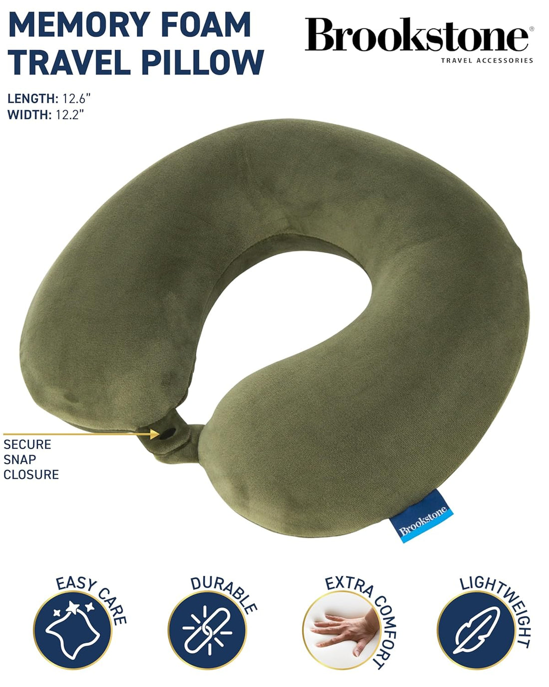 Brookstone Memory Foam Travel Neck Pillow for Vacations, Airplanes, Trains, Buses, and Cars, Size One Size, Olive