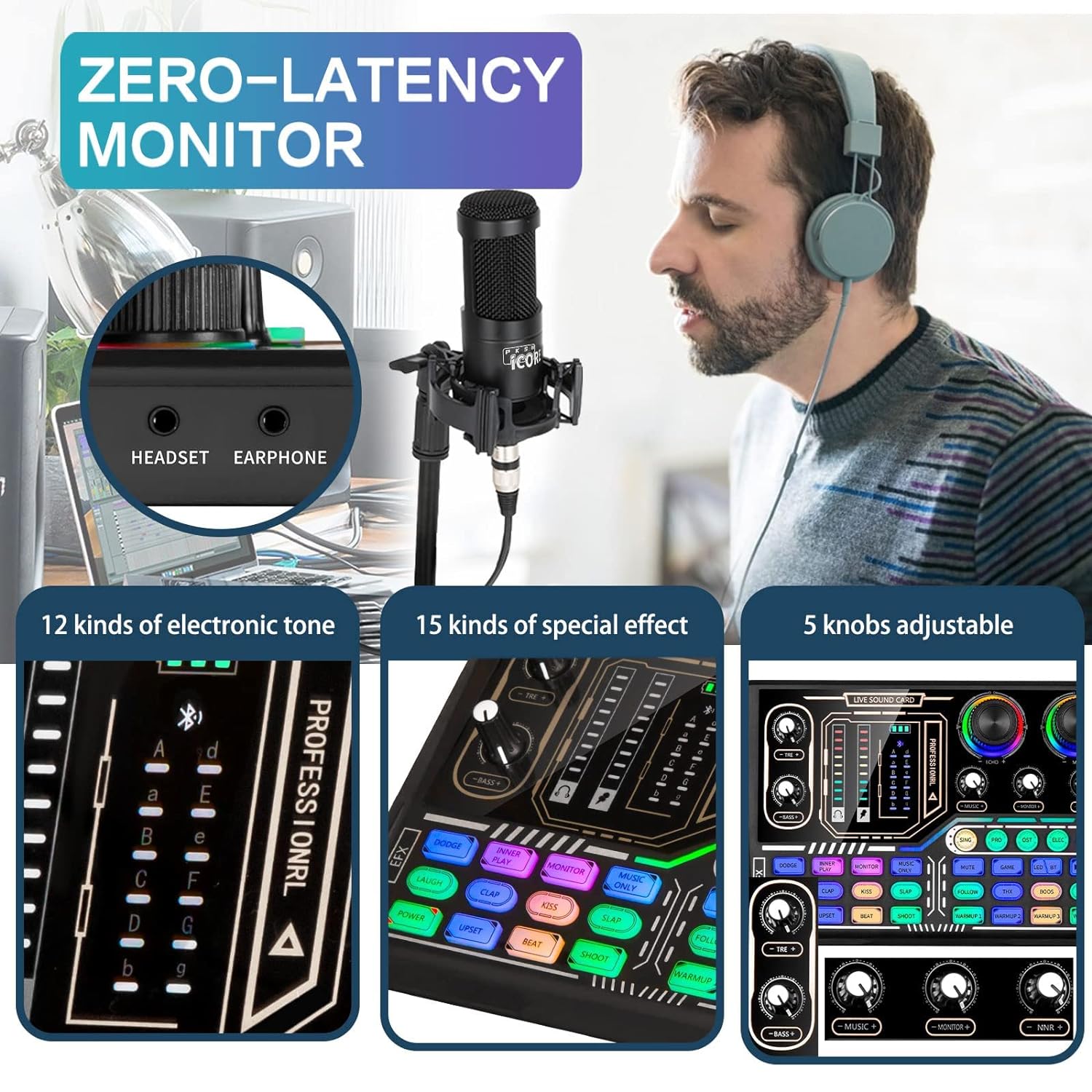 Podcast Equipment Bundle, Sound Card ,Sound Board,Professional DJ Audio Interface Mixer, Portable ALL-IN-ONE Podcast Production Studio with XLR Microphone for Live Streaming, Recording and Gaming