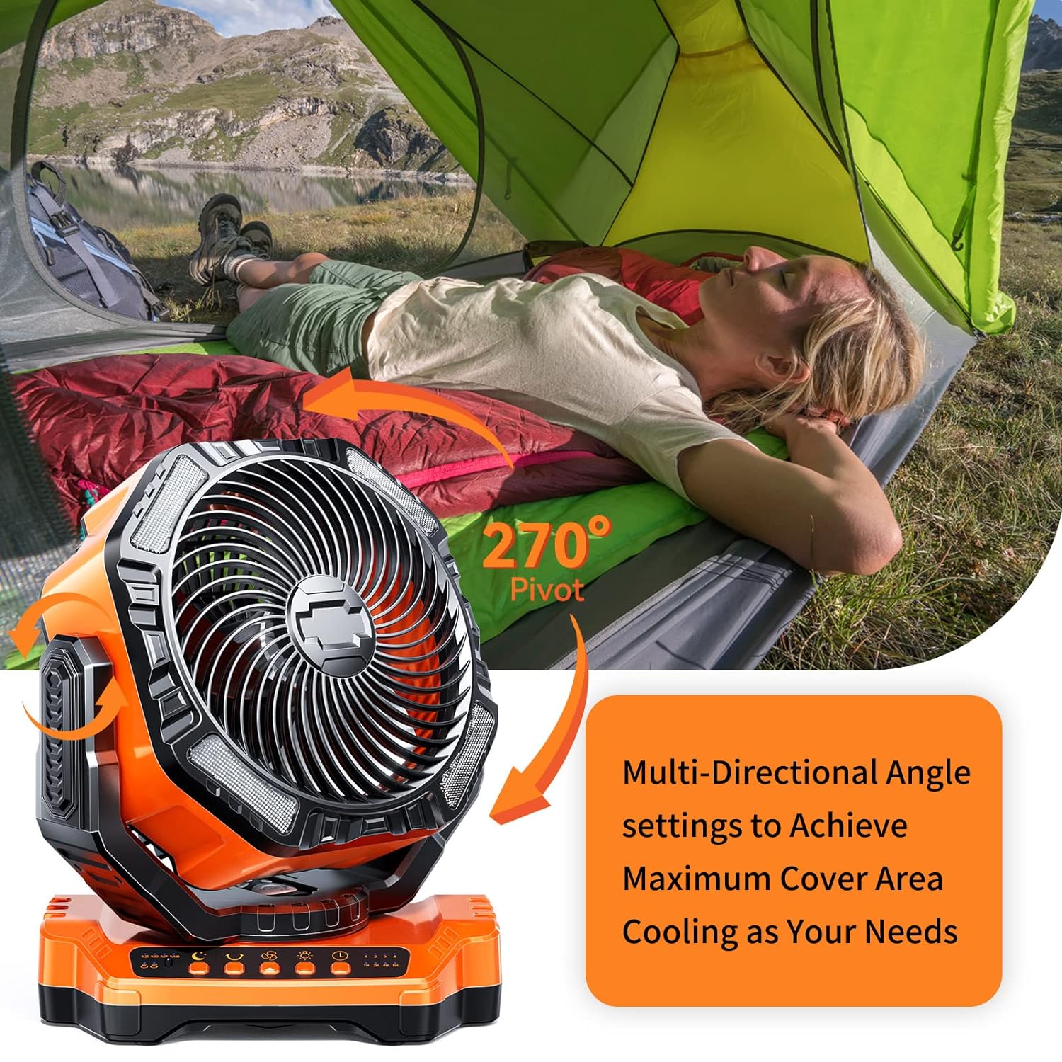 Camping LED Fan with Light, 20000mAh Rechargeable Battery Powered Outdoor Tent Fan with Light and Hook, 4 Speed, Personal USB Desk Fan for Camping, Fishing, Power Outage,Hurricane, Worksite