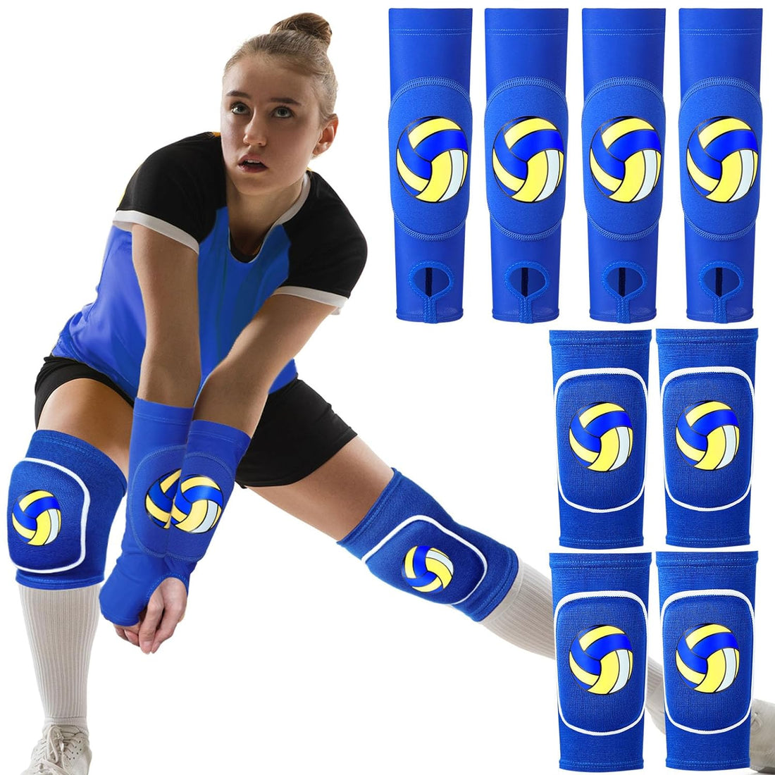 Volleyball Knee Pad and Arm Sleeve with Protection Pad Elbow Sleeve with Thumb Hole Volleyball Accessory for Girl Woman (Blue,2 Sets)
