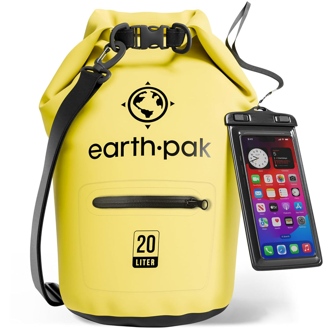 Earth Pak- Waterproof Dry Bag with Front Zippered Pocket Keeps Gear Dry for Kayaking, Beach, Rafting, Boating, Hiking, Camping and Fishing with Waterproof Phone Case