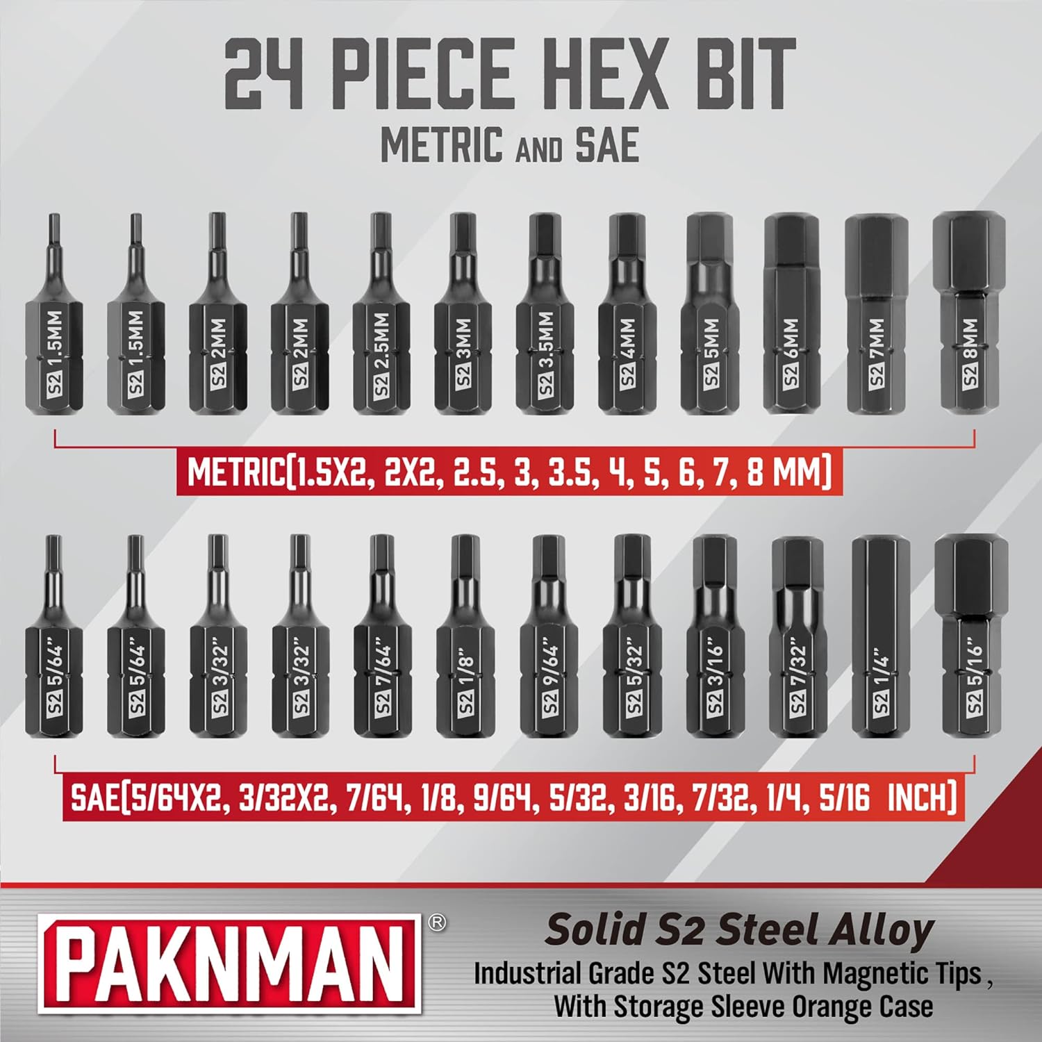 PAKNMAN 25-Piece Hex Head Allen Wrench Drill Bit Set, 1/4”Magnetic Extension, Metric and SAE S2 Steel Hex Bits Set, 1" Long