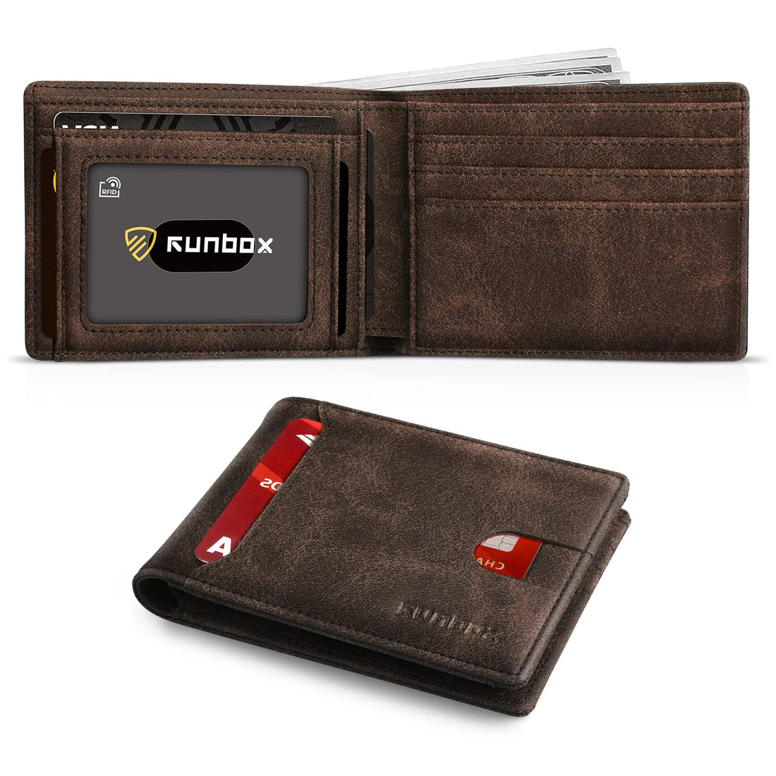 RUNBOX Slim Wallet for Men Bifold Minimalist Leather RFID Blocking with Gift Box Brown, Glitter Brown, small