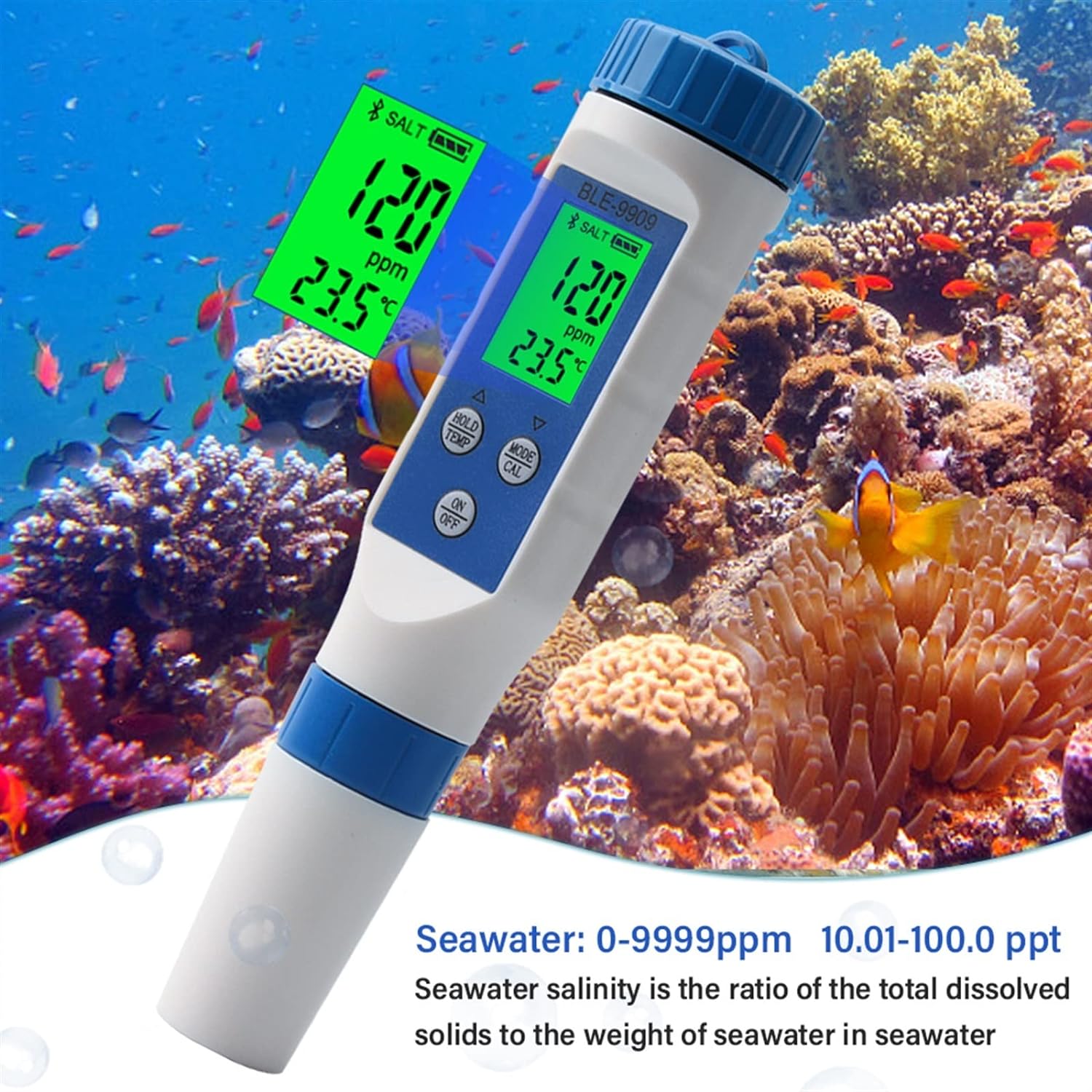 Digital Smart Bluetooth Seawater Salinity Meter Salt Tester Monitor for Aquariums Pool Fish Tank Seafood Aquaculture 0.1-200ppt