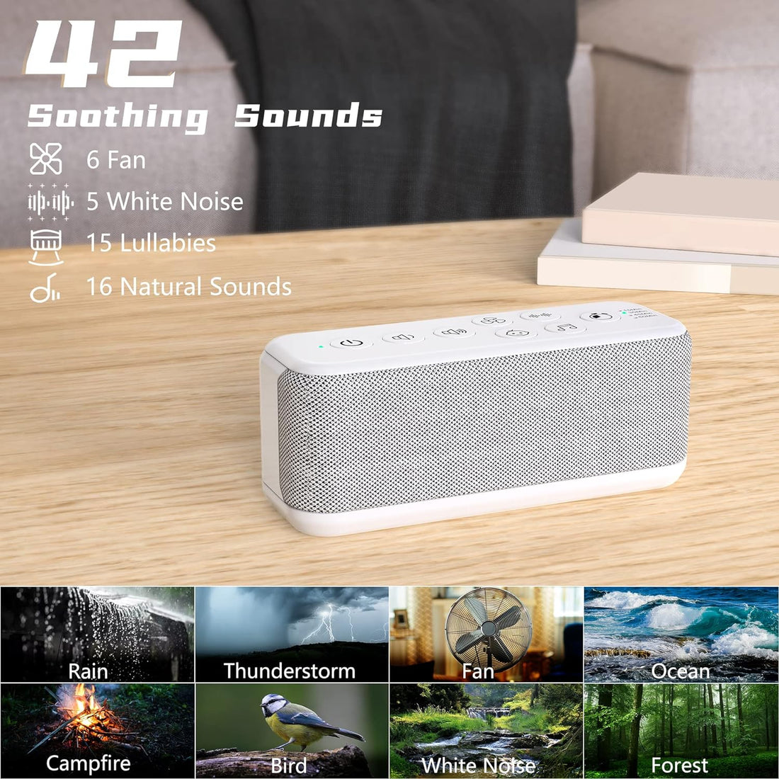 Rechargeable White Noise Machine, Travel Sound Machine for Sleeping Adult, Portable Rain Sounds Machine with 42 High-Fidelity Soothing Sounds, Auto-Off Timer, Volume Control for Home,Office,Baby,Kids