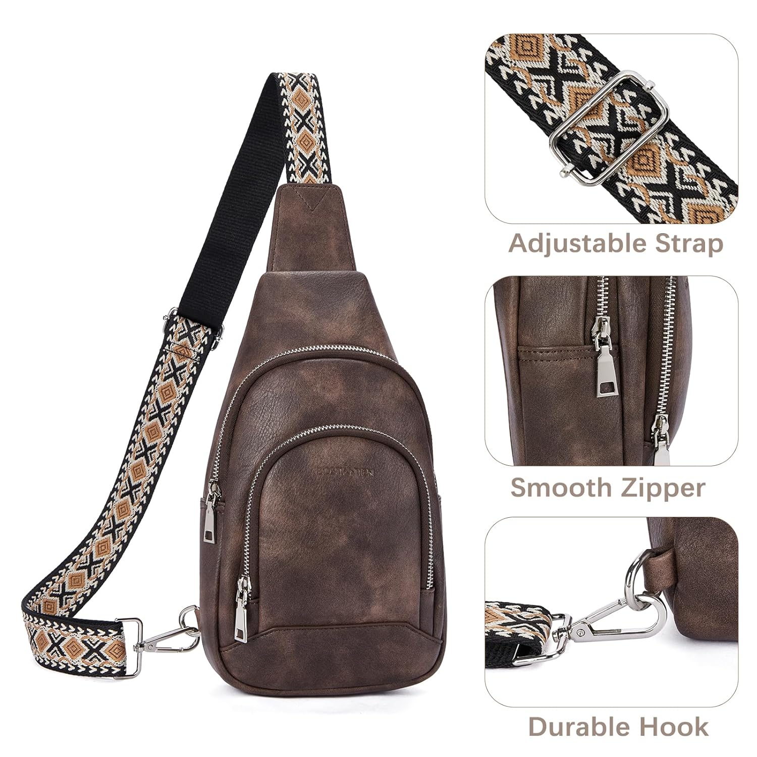 BOSTANTEN Sling Bag for Women Crossbody Purse Crossbody Bag Leather Chest Bag with Adjustable Guitar Strap for Travel, Coffee Brown, Fashion
