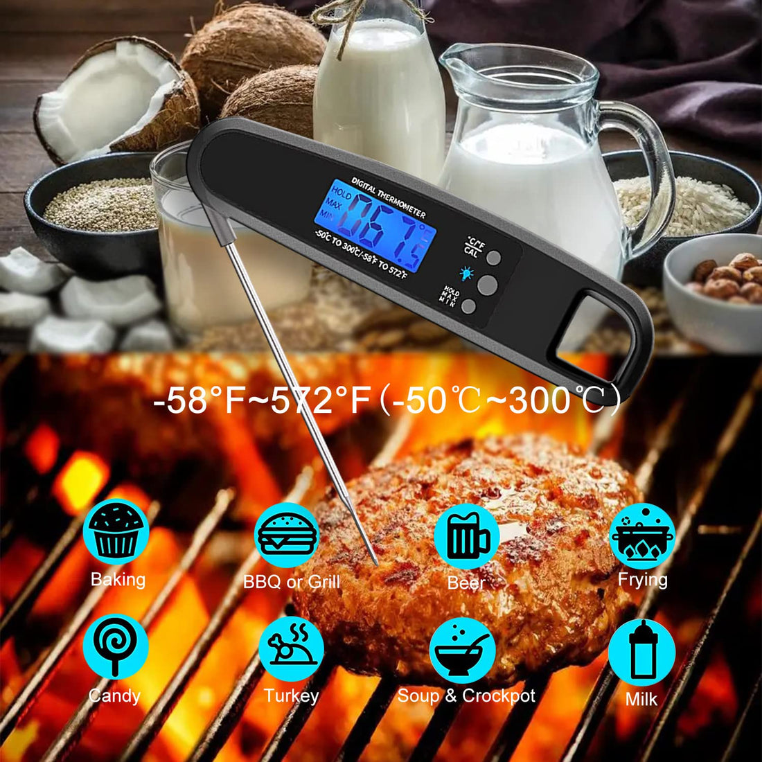 LIKEPAI Instant Read Meat Thermometer for Kitchen Cooking, Ultra Fast Precise Waterproof Digital Food Thermometer with Backlight, Magnet and Foldable Probe for Deep Fry, Outdoor BBQ, Grill