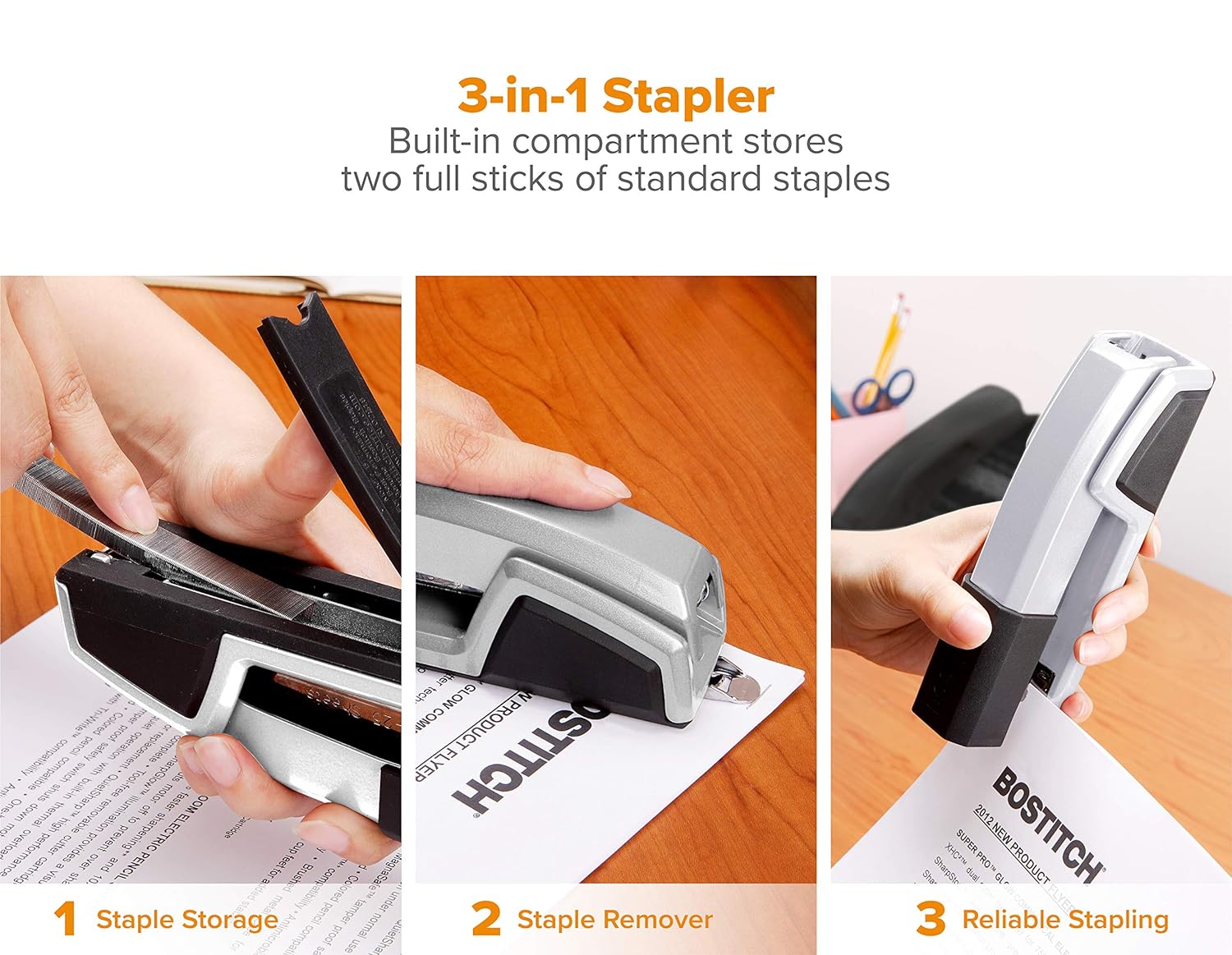 Bostitch Epic All Metal 3 in 1 Stapler with Integrated Remover & Staple Storage, Silver (B777R-SLV)