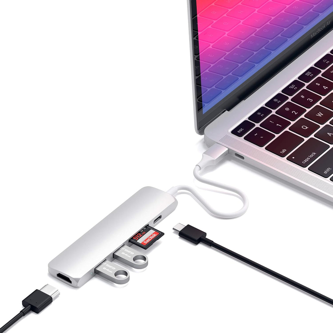 Satechi Slim Aluminum Type-C Multi-Port Adapter V2 with USB-C PD, 4K HDMI (30Hz), Micro/SD Card Readers, USB 3.0 - Compatible with 2018 MacBook Pro/Air, 2018 iPad Pro, Microsoft Surface Go (Silver)