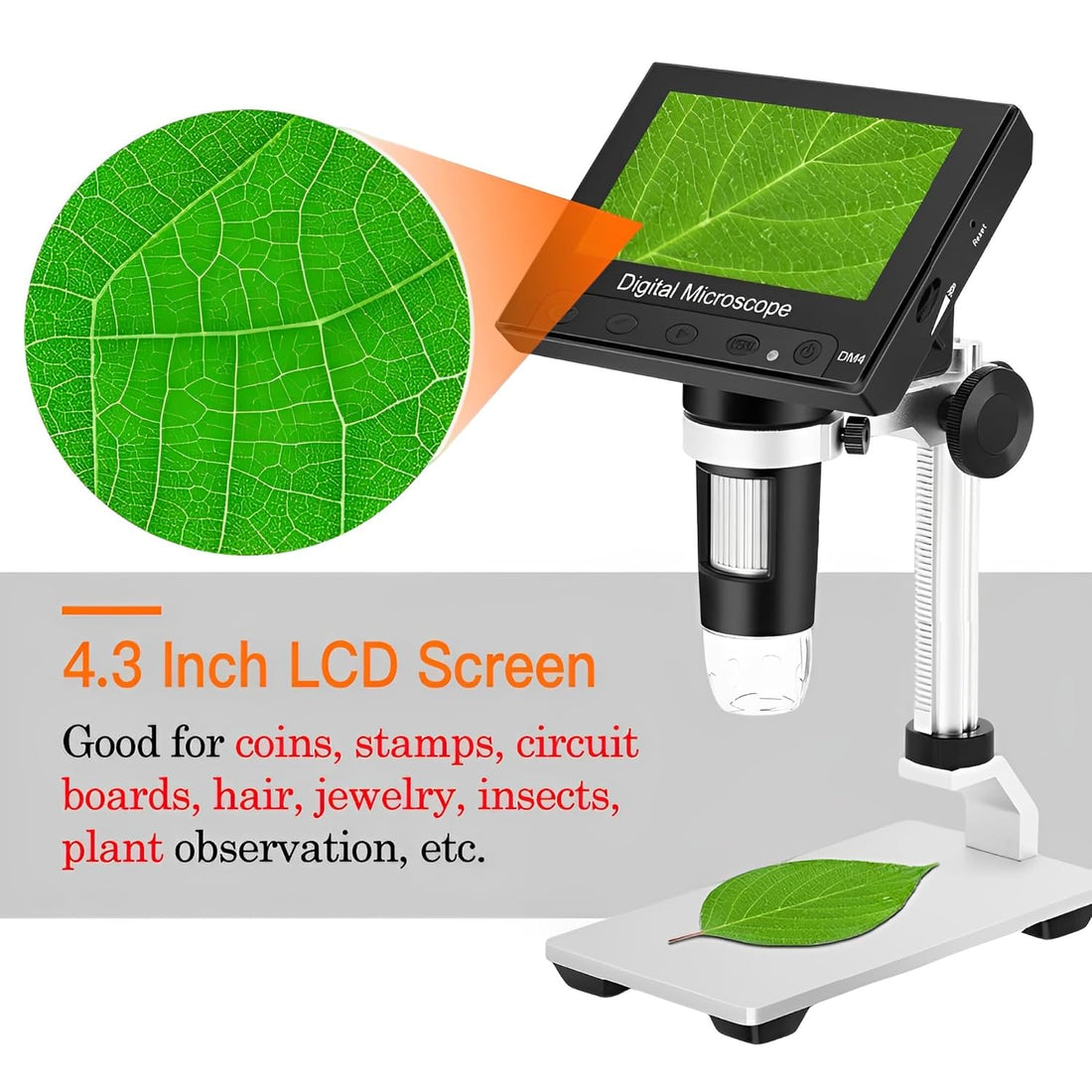 Ninyoon DM4 Digital Microscope with 4.3inch LCD Screen, 50-1000X Coin Microscope for Error Coins, USB Magnifier Micro Scope with High Stand 8 Adjustable LED Lights for Windows PC View