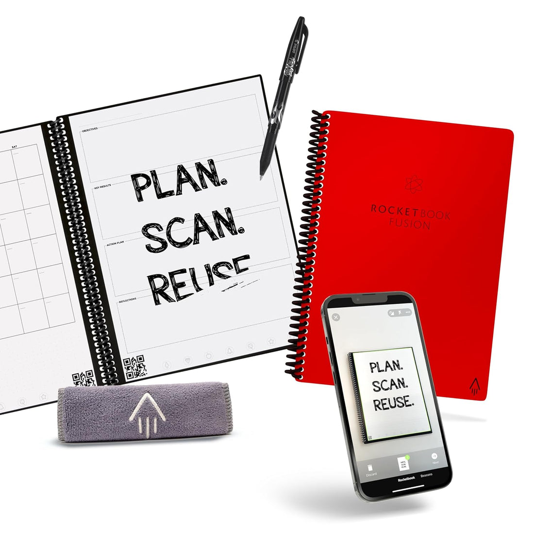 Rocketbook Fusion Smart Reusable Notebook - Calendar, To-Do Lists, and Note Template Pages with 1 Pilot Frixion Pen & 1 Microfiber Cloth Included - Atomic Red Cover, Executive Size (6" x 8.8")