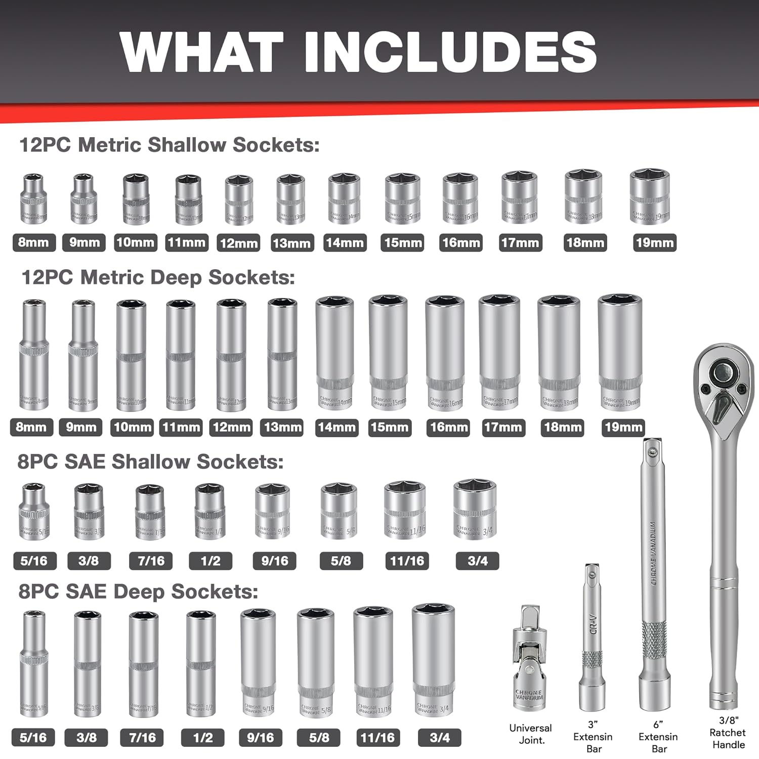 EACELIY 44 Pieces 3/8" Drive Socket Set with 72-Tooth Pear Head Ratchet