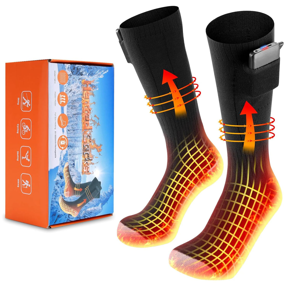 YELUFT Electric Heated Socks Rechargeable Battery - Rechargeable 5V 5000mah Battery Heated Socks for Men and Women, Full Sole Heating Electric Socks for Cycling, Skiing, Skating, Hiking(L Size)