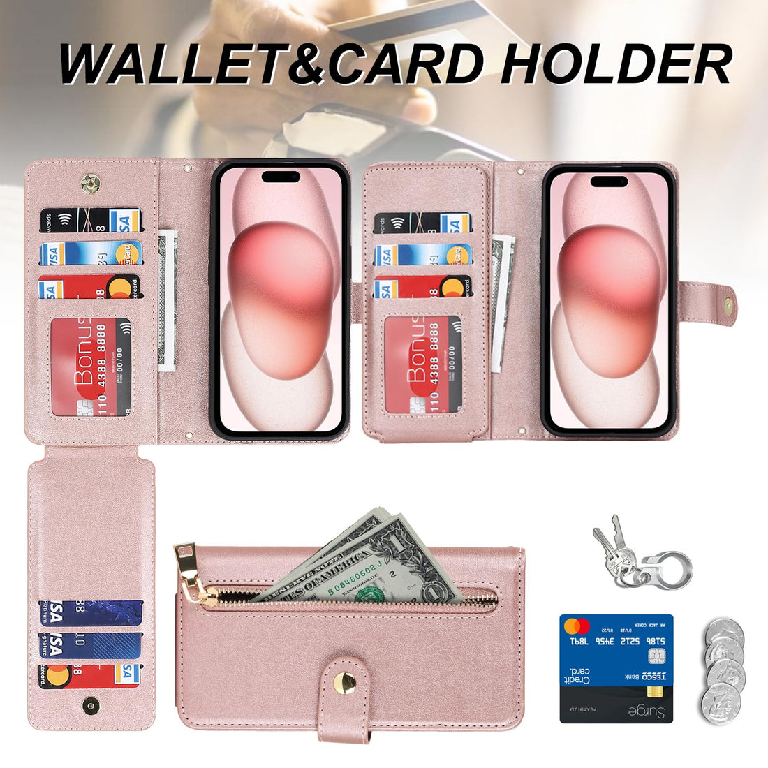 Ｈａｖａｙａ Compatible with iPhone 15 Case Wallet with Card Holder Compatible with iPhone 15 Phone case for Women,Flip Crossbody Zipper Wallet case with Credit Card Holders-Rose Gold