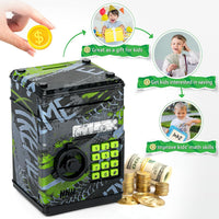 ATM Piggy Bank for Boys Girls, Vcertcpl Mini ATM Coin Bank Money Saving Box with Password, Kids Safe Money Jar for Adults with Auto Grab Bill Slot, Great Gift Toy Bank for Kids (Large, TY-GreenGray)
