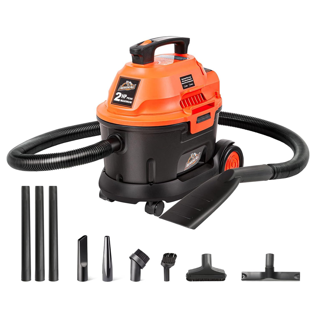 Armor All AA255W 2.5 Gallon Wet/Dry Vac 2.0 Peak HP Shop Vacuum with Nozzles & Brush, 2.5-Gallon, Orange/Black