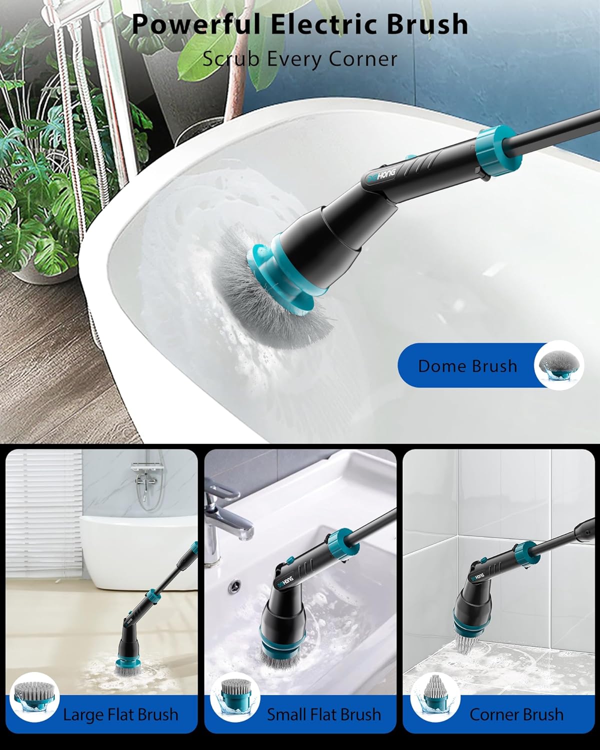 BEI & HONG Electric Spin Scrubber,1000RPM Cordless Shower Scrubber, 2.5H Power Scrubber with Adjustable Extension Arm, 4 Replaceable Cleaning Heads, Electric Scrubber for Cleaning Bathroom & Tub