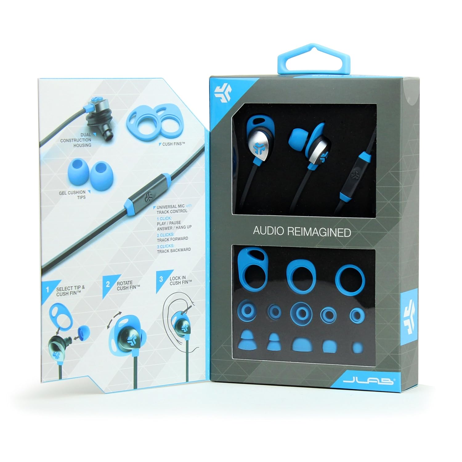 JLab JBuds Epic Earbuds with 13mm C3 Massive Drivers and Customizable Cush Fins - Blue/Gray