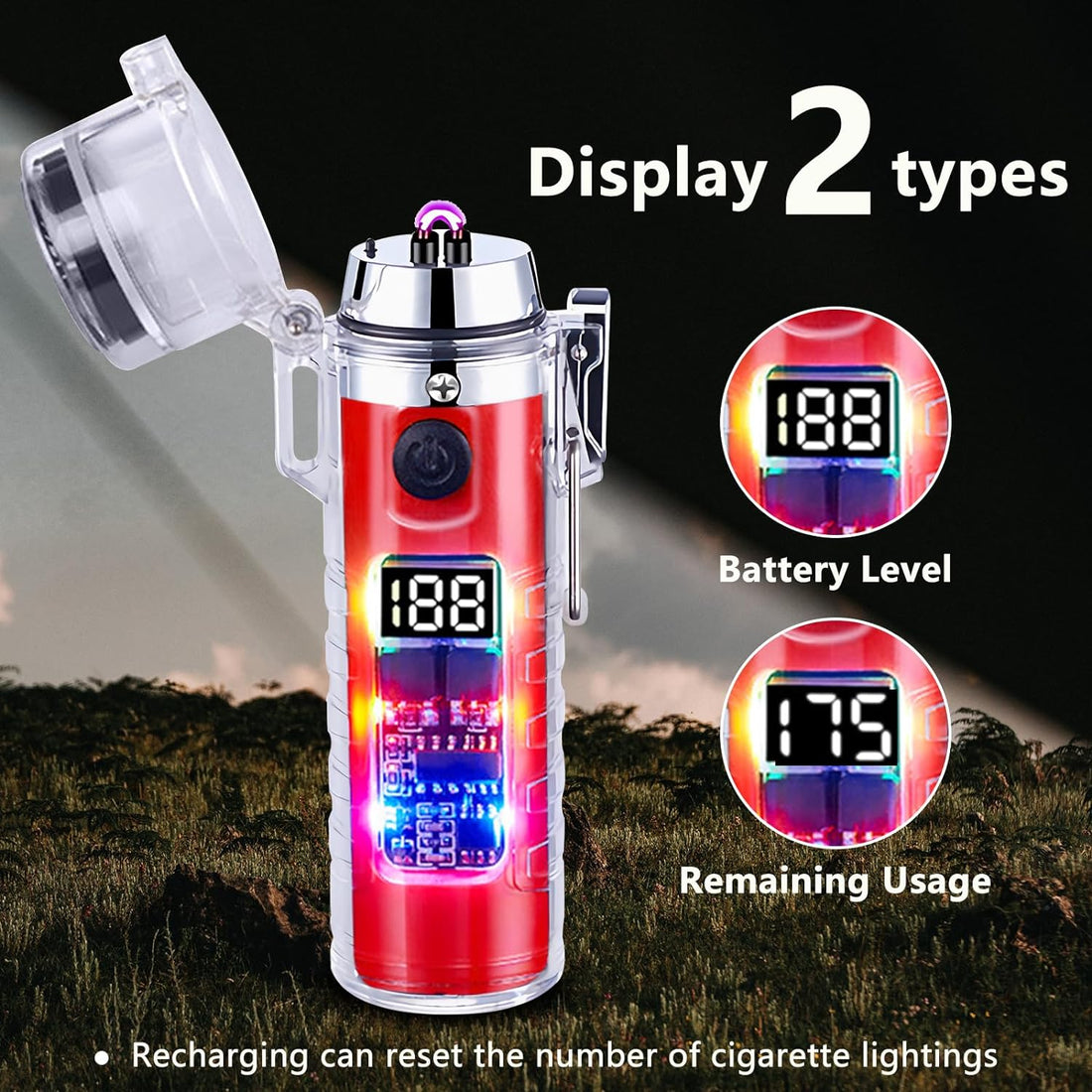 YOZWOO Electric Lighter USB Rechargeable Lighter with LED Flashlight and Compass Windproof Arc Plasma Lighter Waterproof Butane-Free Lighter for Outdoor Adventure Camping and BBQ Activities (Red)