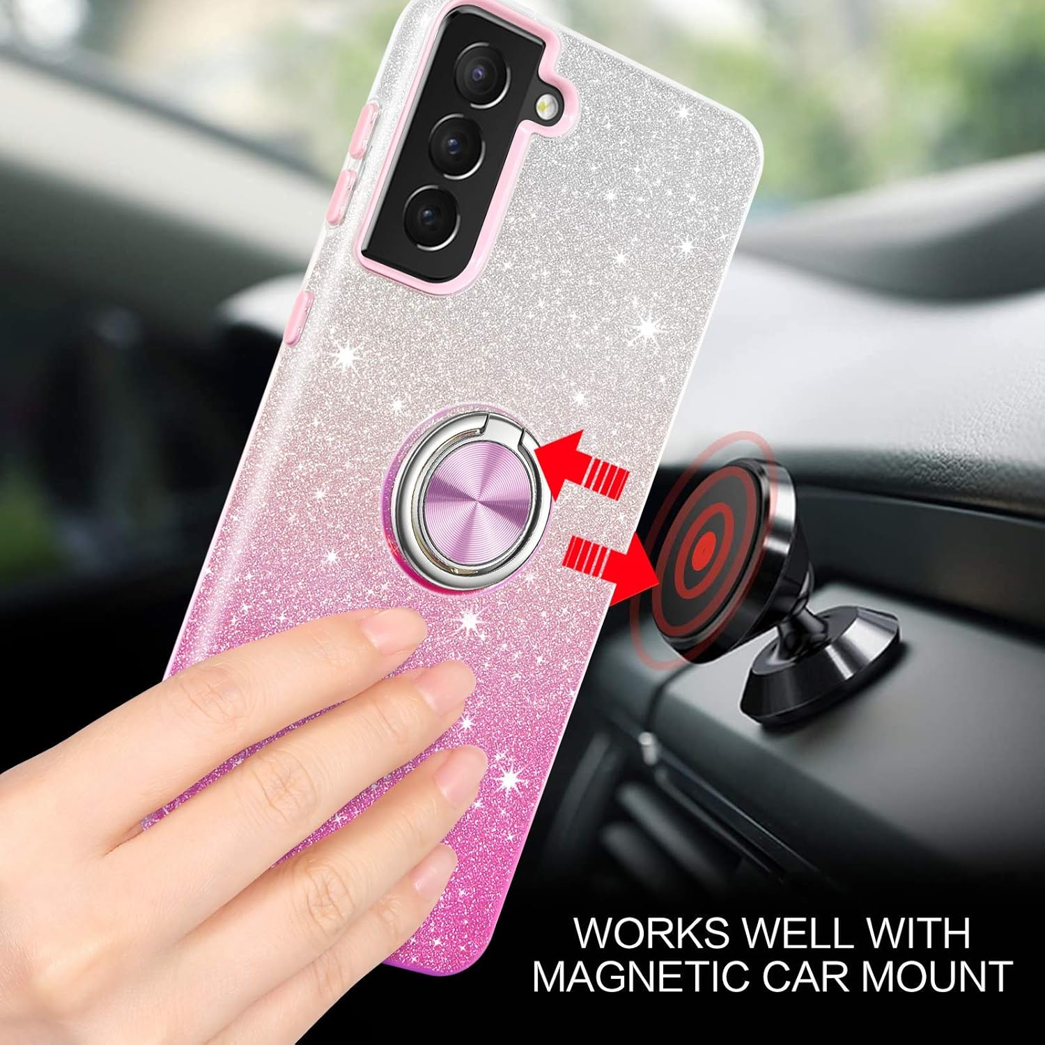 BENTOBEN Galaxy S21 Case, Slim Fit Glitter Sparkly with 360° Ring Holder Kickstand Magnetic Car Mount Supported Protective Girls Women Cover for Samsung Galaxy S21 6.2" 2021, Pink