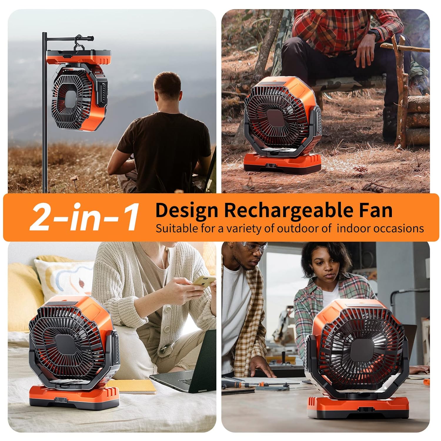 Camping LED Fan with Light, 20000mAh Rechargeable Battery Powered Outdoor Tent Fan with Light and Hook, 4 Speed, Personal USB Desk Fan for Camping, Fishing, Power Outage,Hurricane, Worksite