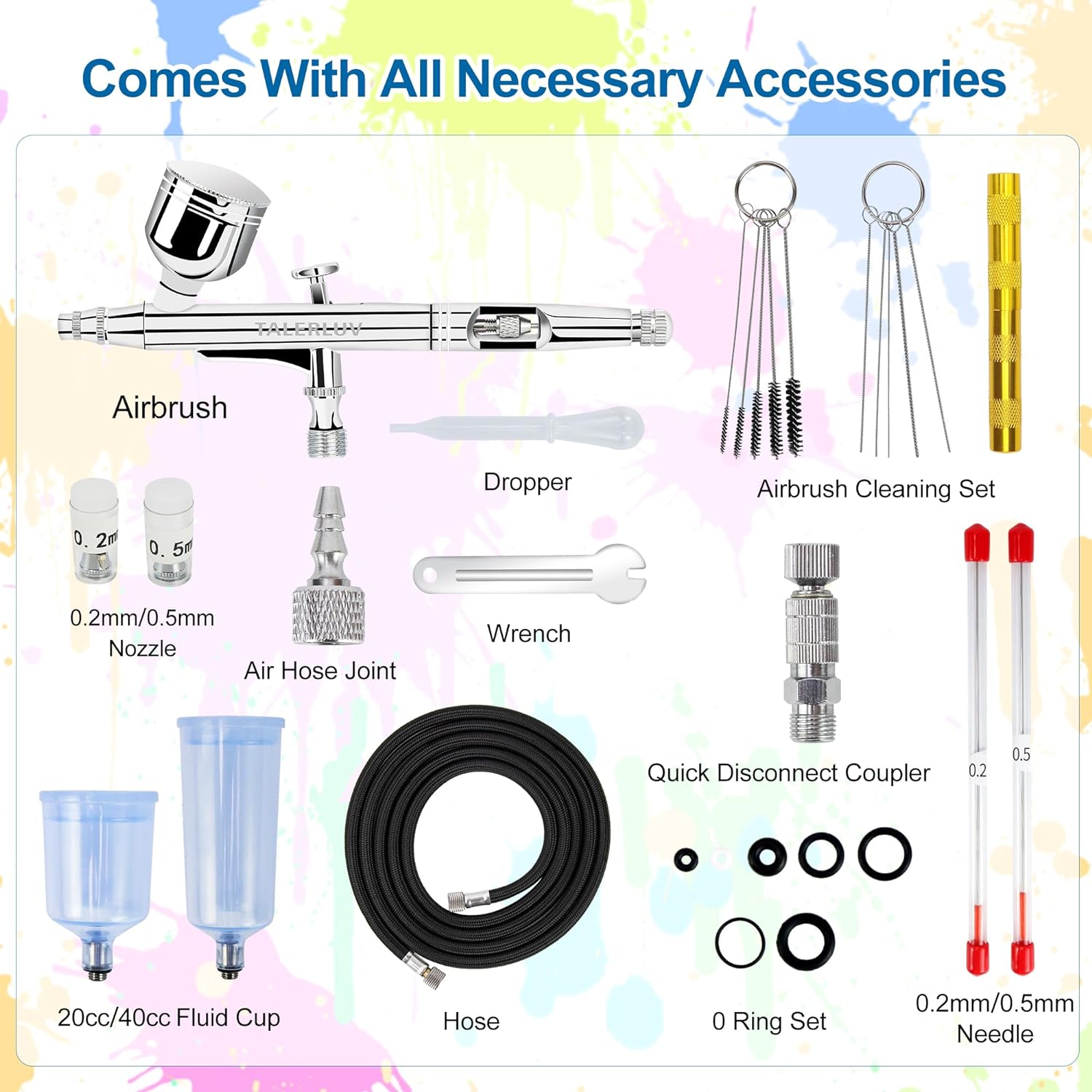 Airbrush Kit, Dual-Action Gravity Airbrush Gun with 0.2/0.3/0.5mm Needles Set, 7cc/20cc/40cc Cup, Air Hose and Airbrush Cleaning Kit for Makeup Nail Painting Model Coloring Cake Decor Shoes Tattoo
