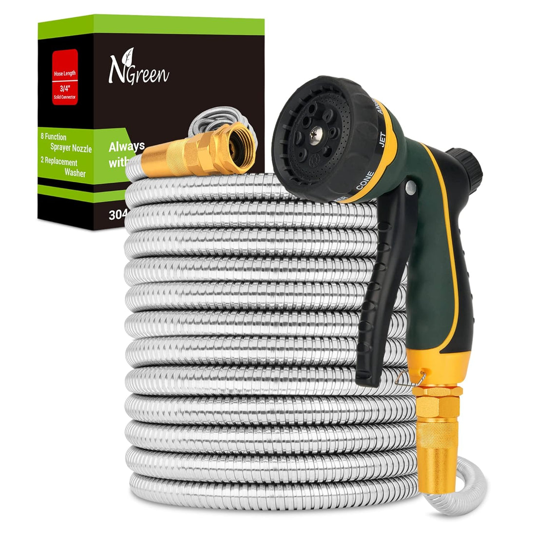 NGreen Stainless Steel Garden Hose - 304 Metal Water Hose, High Pressure, Puncture and Corrosion Resistant, Flexible and Never Kink, Solid Metal Fittings, Rust Proof, Durable and Easy to Store