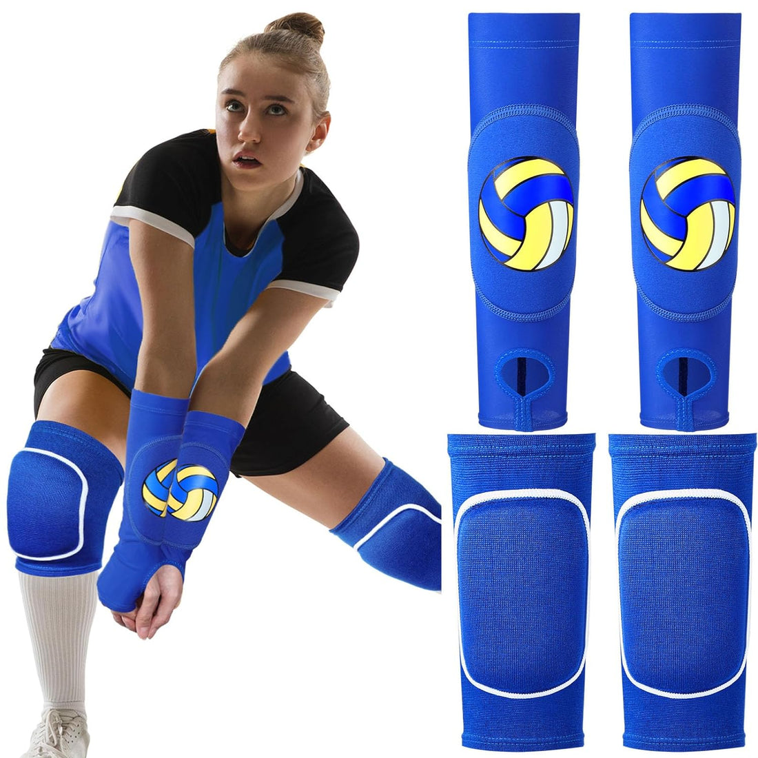 Aoriher Volleyball Knee Pads and Volleyball Arm Sleeves with Protection Pad Forearm Elbow Sleeve with Thumb Hole Volleyball Accessories for Teen Girls Women Youth Teen Basketball, Age 8-14 (Blue)