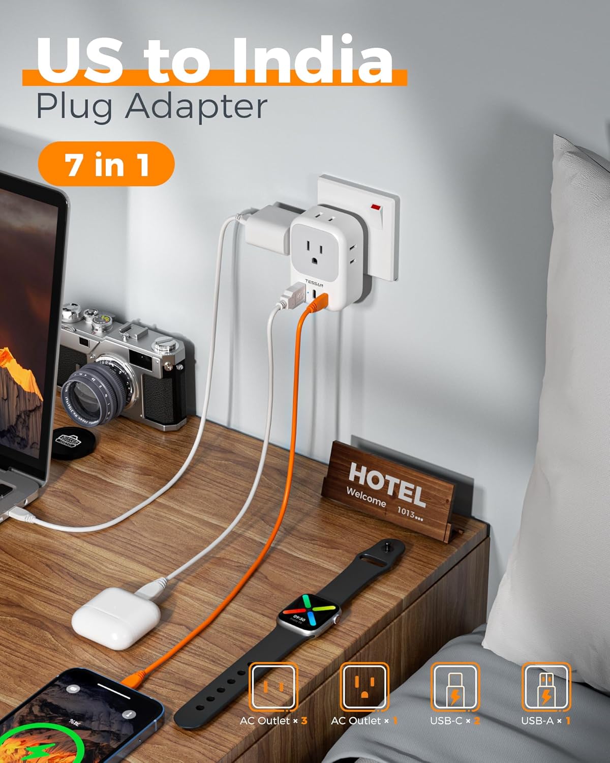 US to India Plug Adapter: TESSAN Type D Travel Adapter with – Close-up Detail