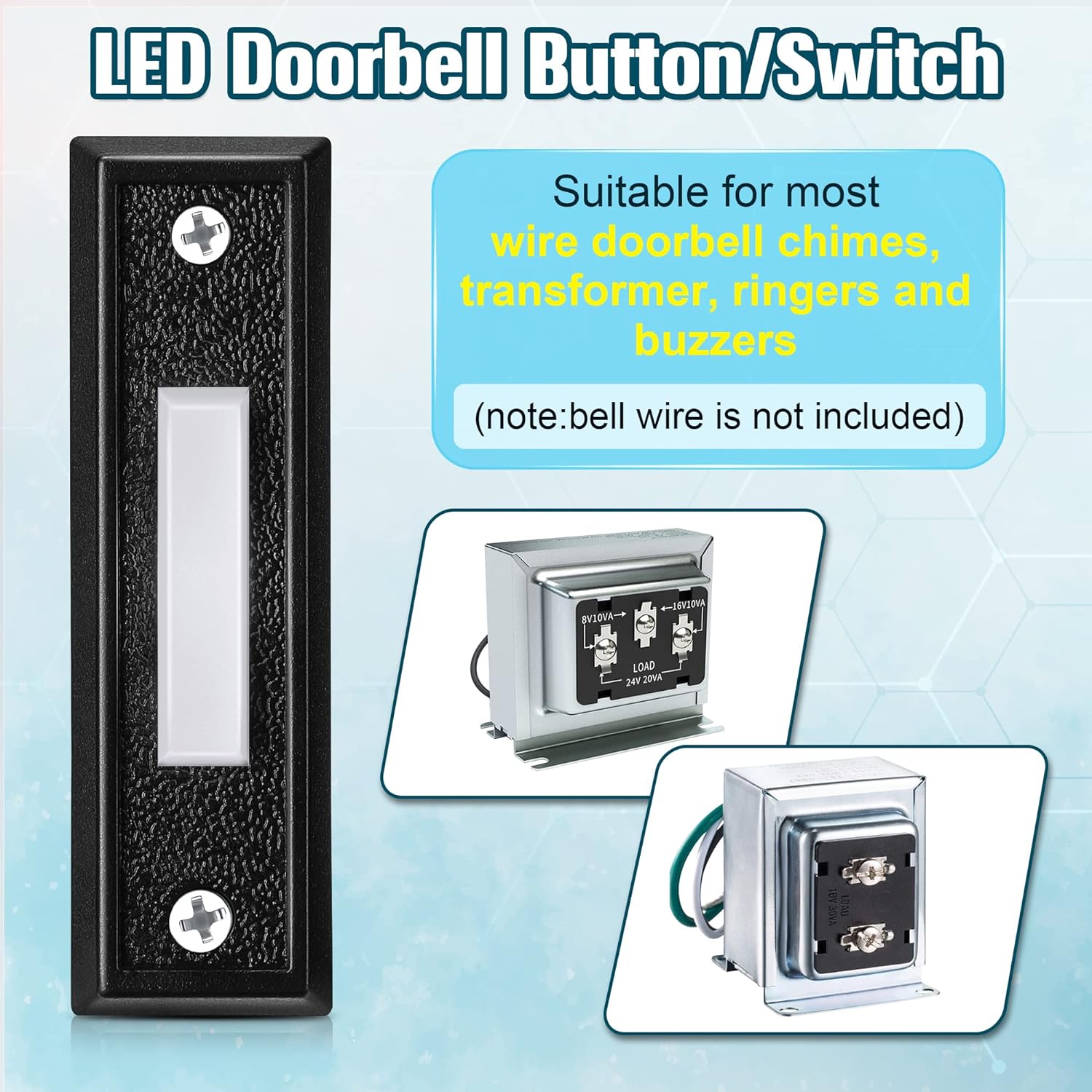 Saillong Cool White Doorbell Button, Lighted Wired Door Bell Push Buttons LED Door Chime, Wall Mounted Door Opener Switch (Black, 1 Pack)
