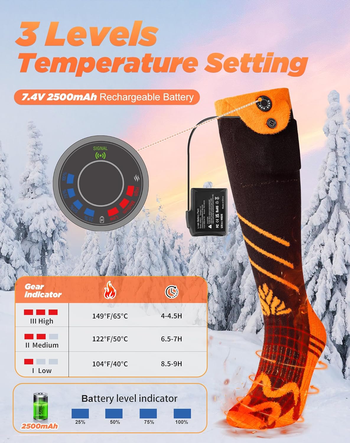 COFIT Electric Heated Socks Rechargeable, Men Women Thermal Foot Warmer Washable Stockings Smart App Control 7.4V 2500mAh Battery Powered Socks for Winter Hunting Skiing Ice Fishing Camping Hiking