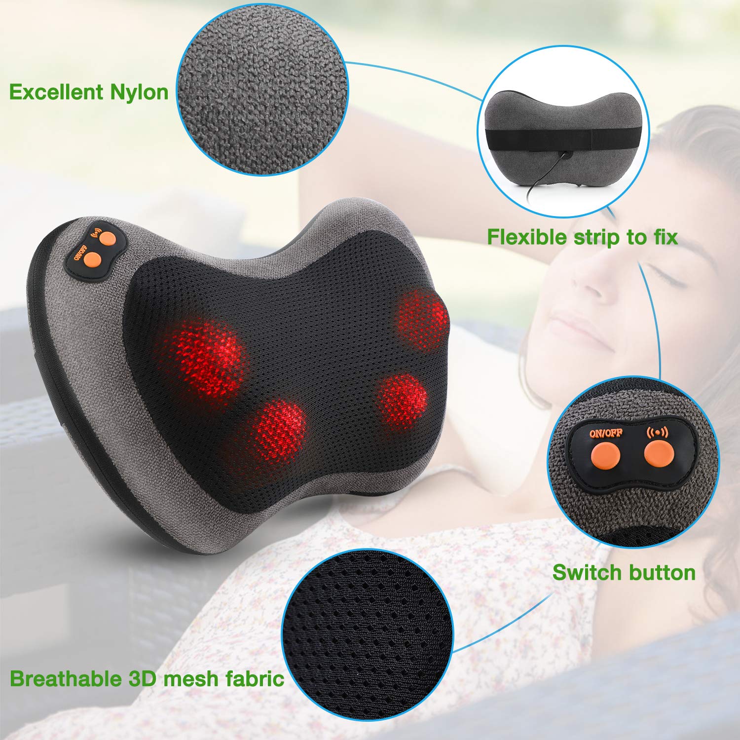 Shiatsu Neck Back Massager Kneading Massage Pillow With Heat for Back, Neck, Lower Back and Shoulder Massager with 4 Heated Rollers Dust Proof Cover Storage Bag for Stress Relax at Home Office and Car