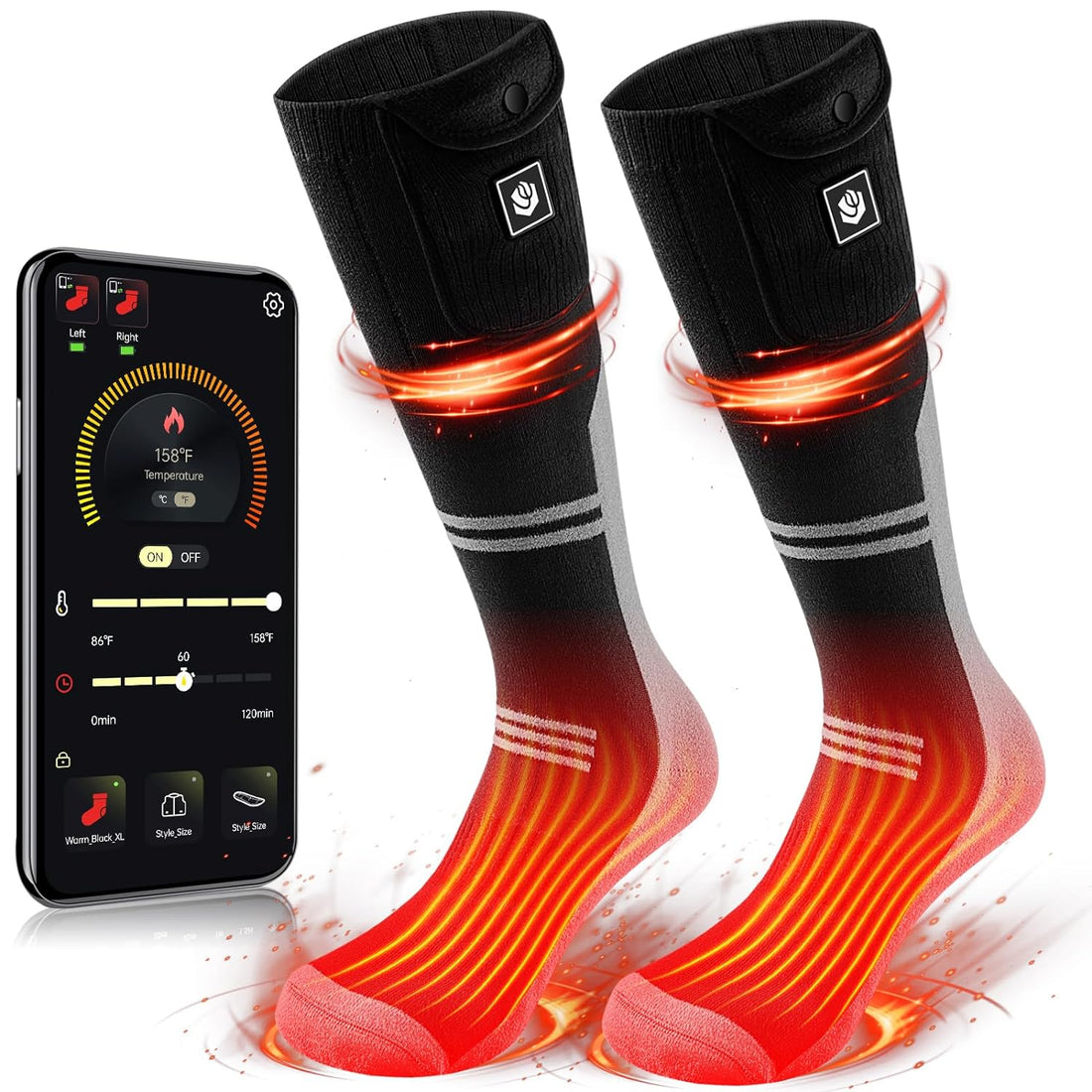 Heated Socks for Men Women Rechargeable Washable APP Remote Control 7.4V Battery Electric Heating Socks for Hunting Ice Fishing Camping Hiking Skiing Outdoor Work（Black, XL）