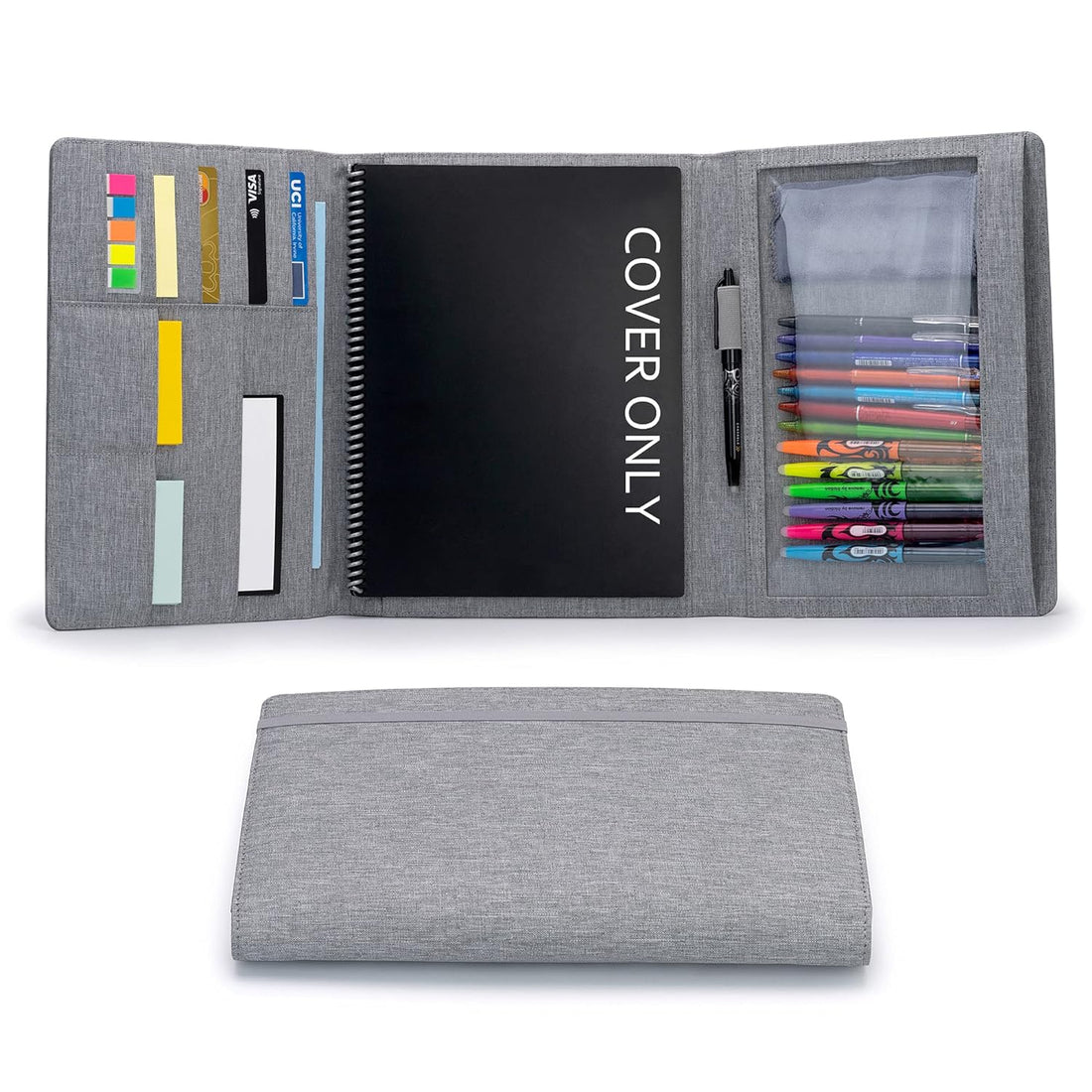 Folio Cover for Rocketbook Everlast Fusion - Letter Size, Waterproof Fabric, Multi Organizer with Pen Loop, Zipper Pocket, Business Card Holder, fits A4 size Notebook, 11 x 9 inch, Gray