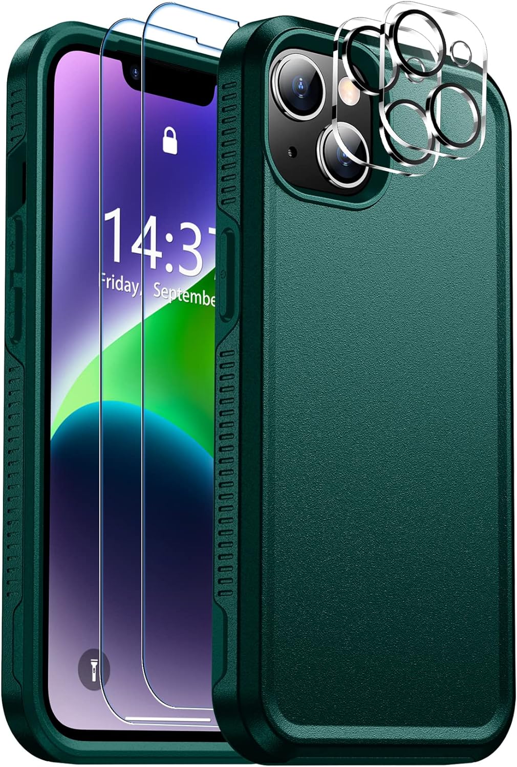 SPIDERCASE for iPhone 14 Case, [10 FT Military Grade Drop Protection][Non-Slip] [2+Tempered Glass Screen Protector][2+Tempered Camera Lens Protector] Shockproof Case, Dark Green