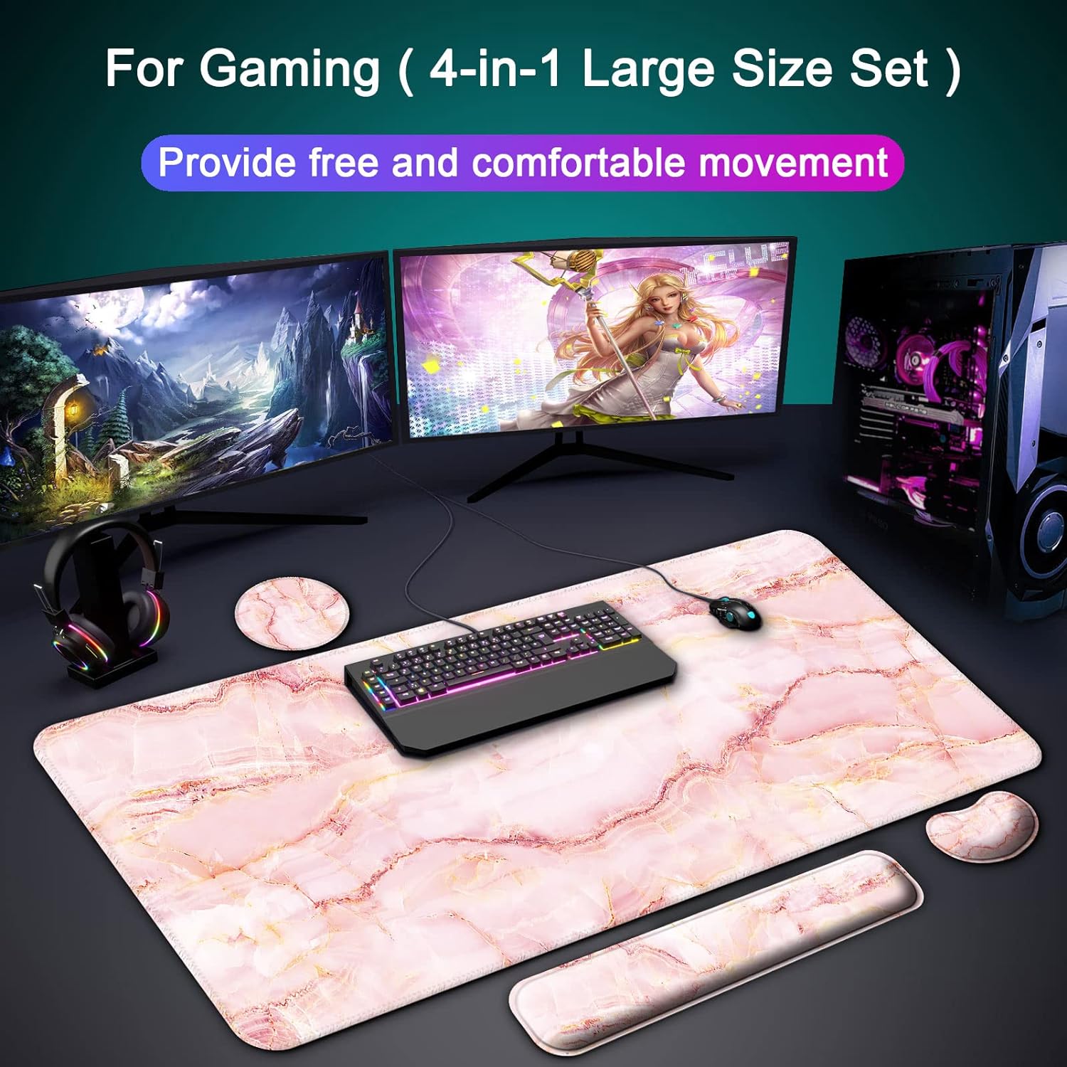Keyboard Wrist Rest and Desk Mouse Pad with Wrist Support (4 PCS Set ) , Large Gaming Extended XXL Desk Pad Table Mat ,Mousepad with Ergonomic Wrist Rest for Desktop Computer -Pink Marble