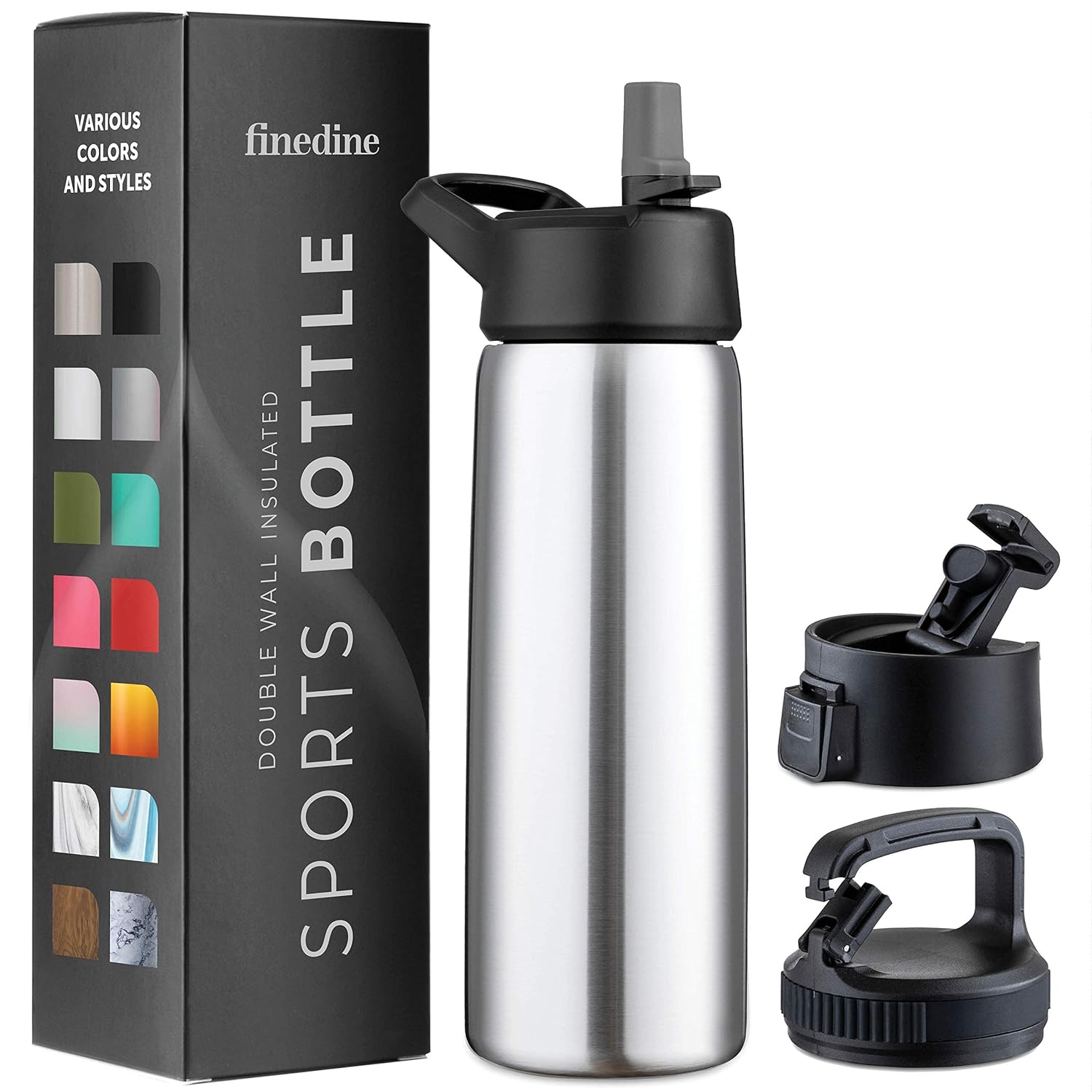 FineDine Triple Insulated Stainless Steel Water Bottle with Straw Lid - Flip Top Lid - Wide Mouth Cap Insulated Water Bottles, Keeps Hot and Cold 750ml Brushed Stainless Steel
