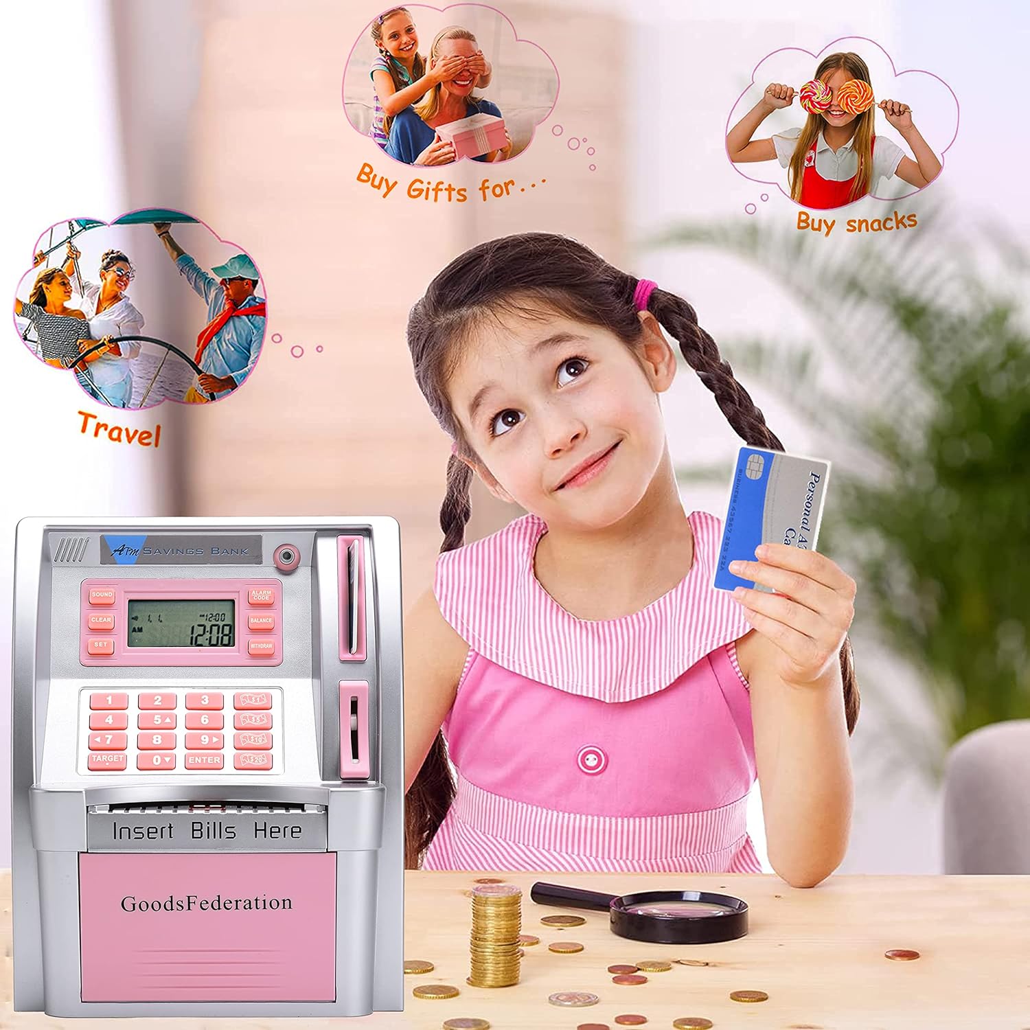 Upgraded Talking ATM Piggy Bank for Kids Adults,Toy Money Bank for Real Money with Voice Prompt,Data Save,Card,Saving Target,Balance Calculator,Electronic Money Safe Coin Box,Hot Gift for Boys Girls