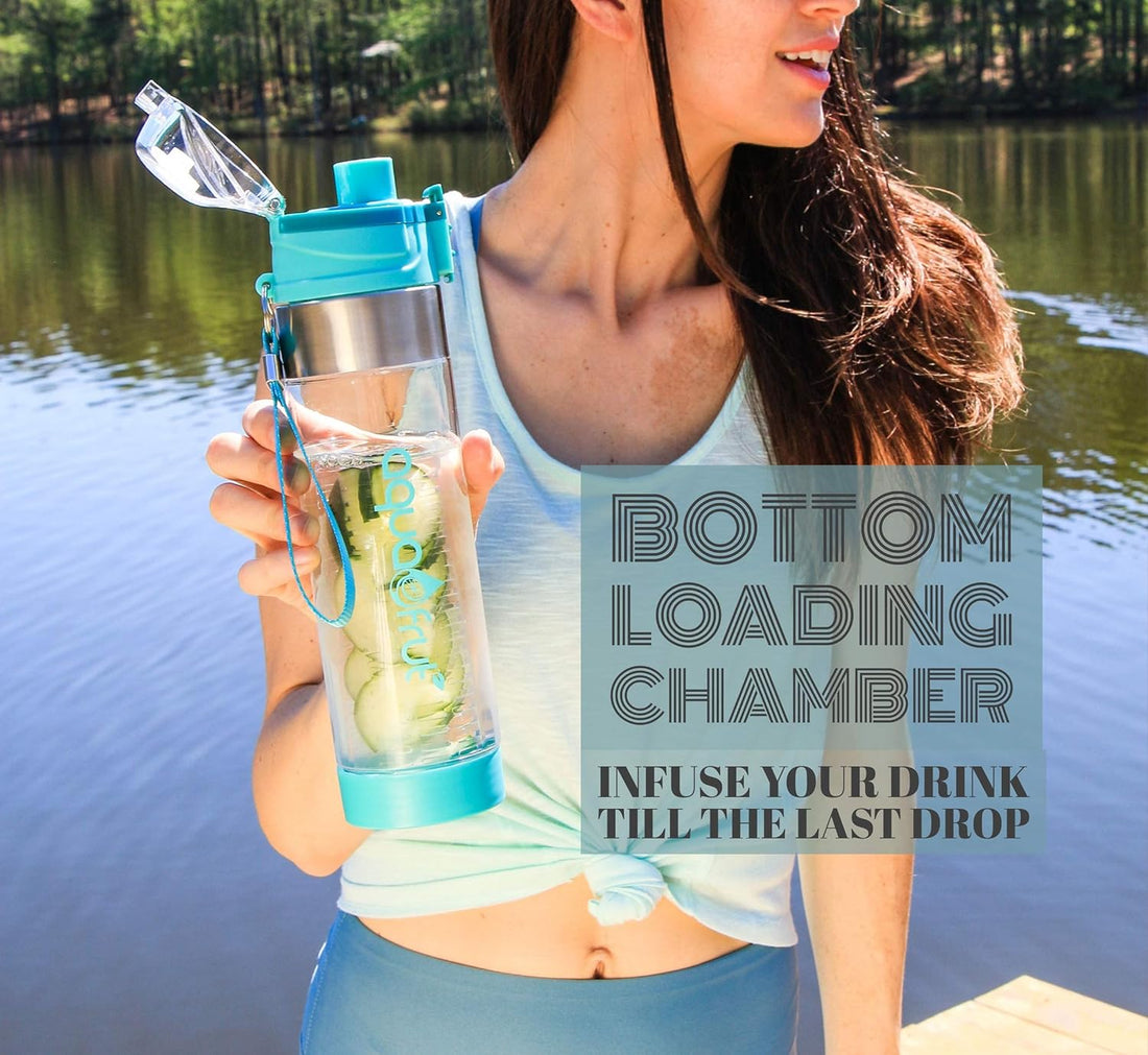 NEW Improved Unique Bottom Loading Fruit Infuser Water Bottle Complete Bundle Includes Bottle Brush, Insulating Sleeve & Infusion Recipe eBook. Leak Proof Sweat Proof BPA-Free (Teal)