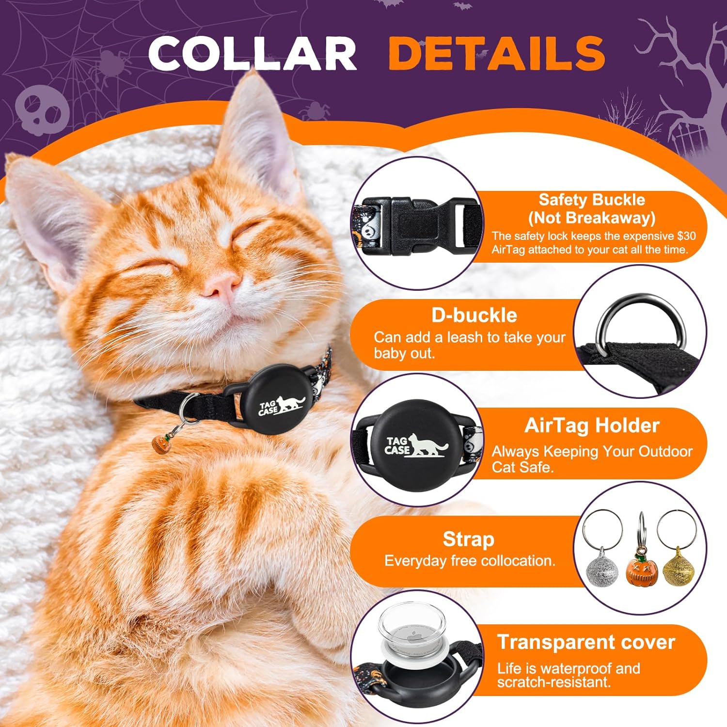 Halloween AirTag Cat Collar with Waterproof Air tag Holder - Luminous Design,Secure Elastic Strap for Easy Escape - Soft&Durable 1000D Nylon,Cat GPS Tracker Collar for Girl Boy Cats,Kittens(with bell)