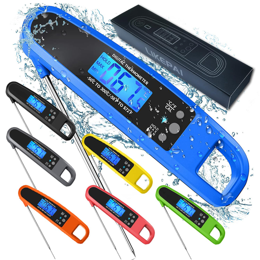 LIKEPAI Instant Read Meat Thermometer for Kitchen Cooking, Ultra Fast Precise Waterproof Digital Food Thermometer with Backlight, Magnet and Foldable Probe for Deep Fry, Outdoor BBQ, Grill(Blue)