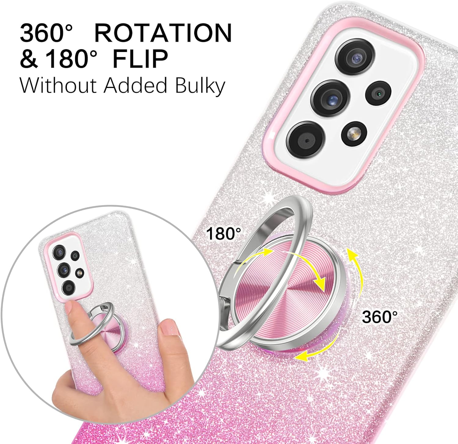 BENTOBEN Galaxy A52 5G Case, Samsung A52 5G Phone Case, Slim Thin Kickstand 360° Ring Holder Car Mount Soft TPU Rubber Bumper Hybrid Hard Drop Protection Shockproof Girls Womens Cover, Pink Glitters