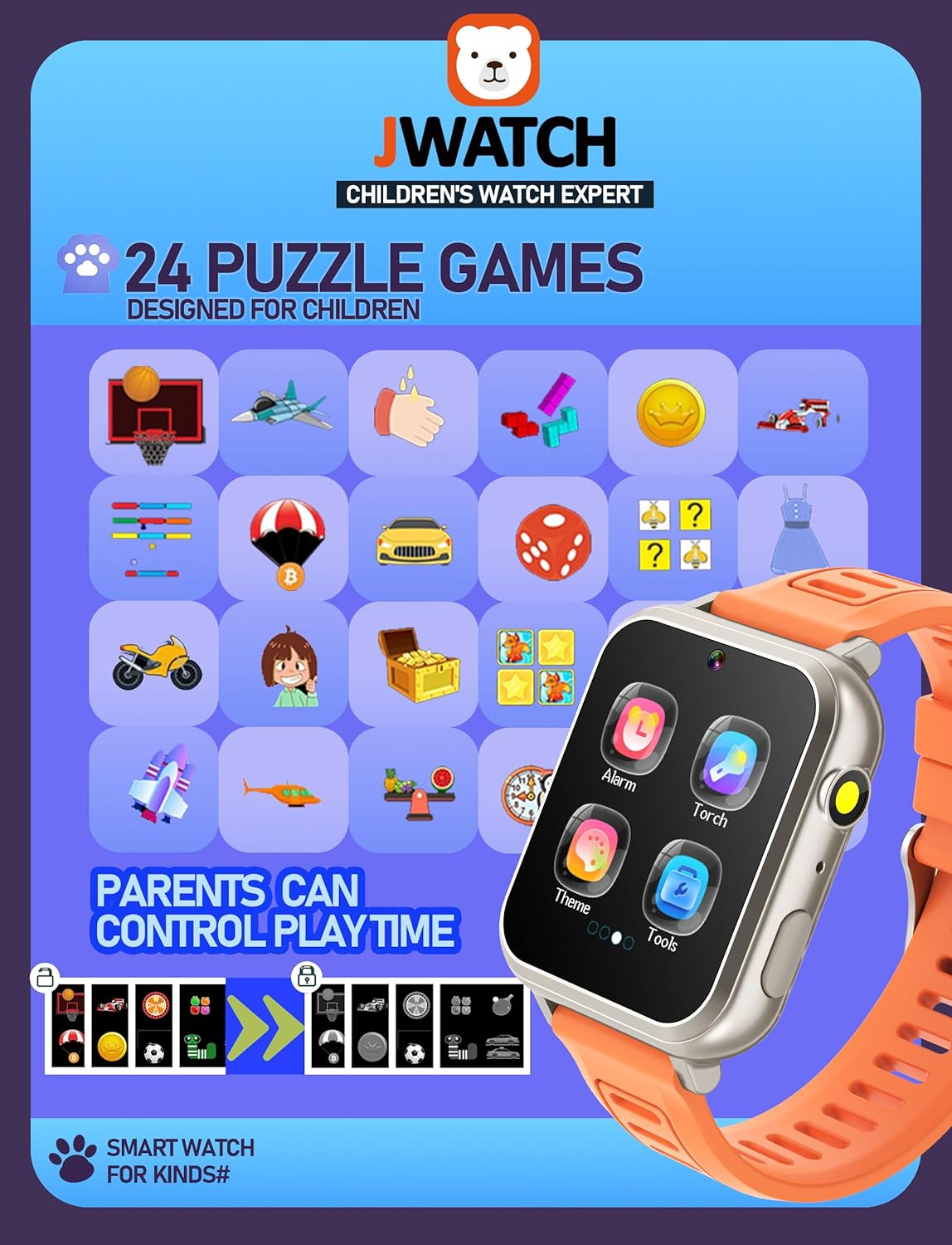 Jwatch Kids Smart Watch for Boys Girls 6-12 with Pedometer Audio Book Camera Music Player Birthday(Silver Frame Orange)…