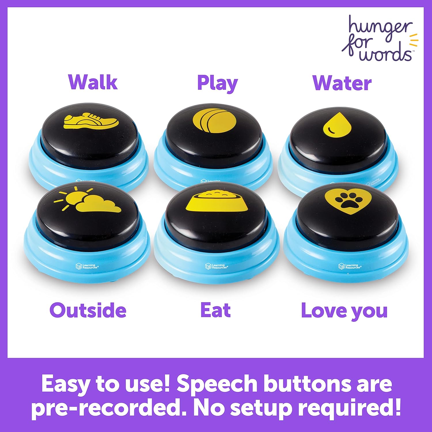Hunger For Words Talking Pet Essential Words - 6 Piece Set Pre-Recorded Speech Buttons for Dogs, Talking Dog Buttons, Perfect for Dog Training and Obedience Games