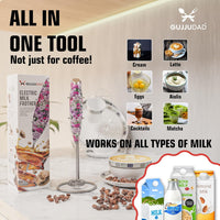 GUJJUDAD all in one milk frother handheld - speedy whisk hand blender for coffee - mini frother wand for lattes - powerful drink mixer for frappe, matcha, hot chocolate, cappuccino (Flower World)