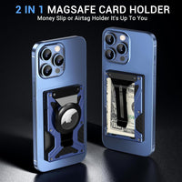 KLVEOL Mag Safe Wallet Case, The FIRST PATENT Card Holders 2 in 1 Air Tag Holder and Money Clip, Magnetic Adhesive Wallet for iPhone Series of 15/14/13/12 Pro/ProMax and Magsafe Devise, Blue